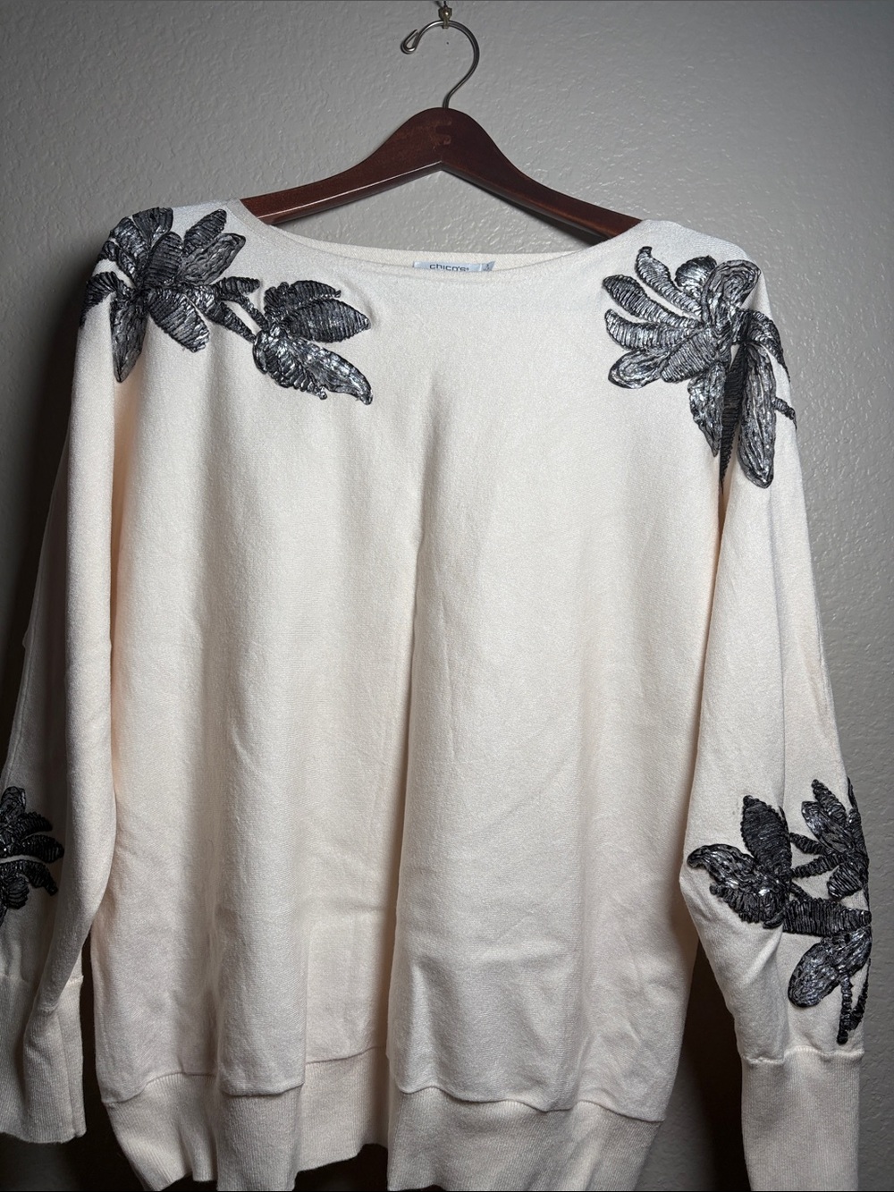 Chico's Ivory Crewneck Sweater with Gray Floral Embroidery